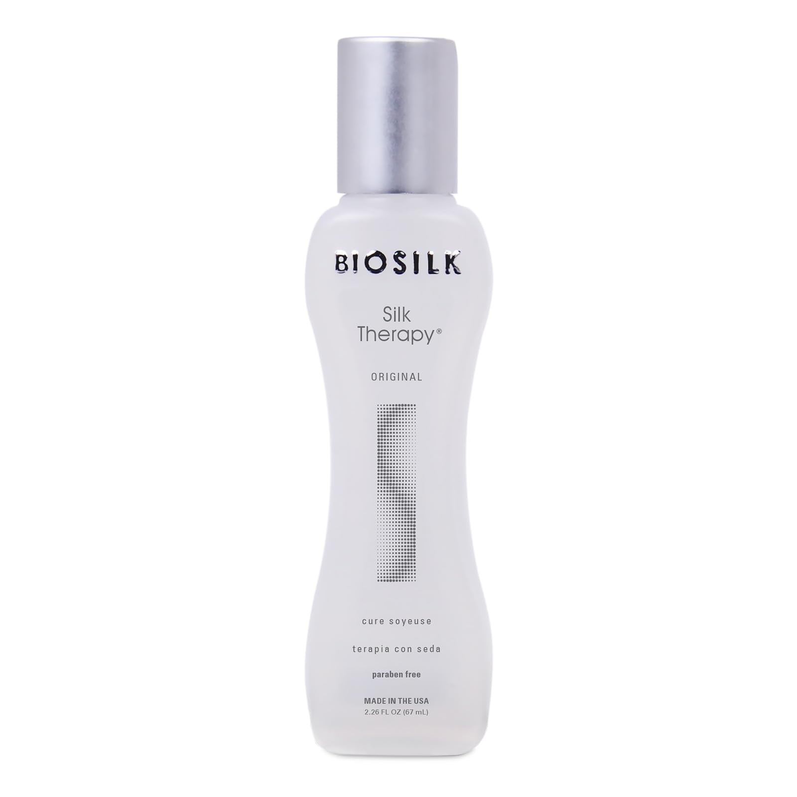 BioSilk Silk Therapy Original bottle pouring for a shine boost and smooth strands.