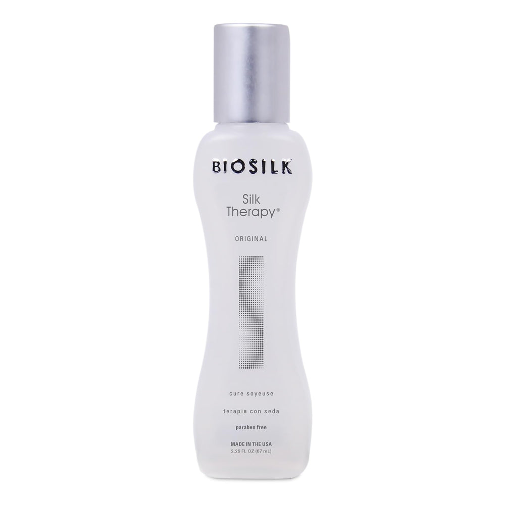 BioSilk Silk Therapy Original bottle pouring for a shine boost and smooth strands.