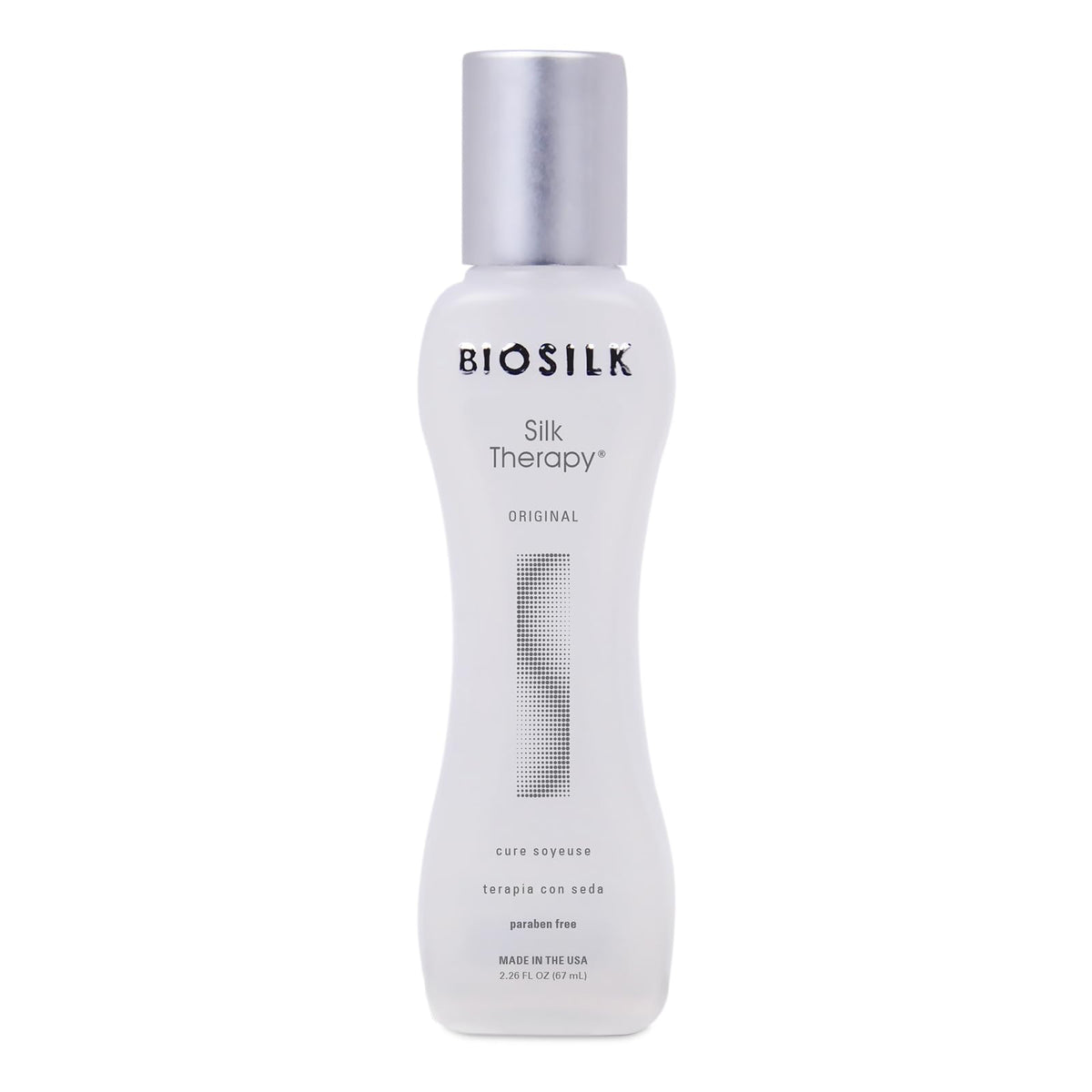 BioSilk Silk Therapy Original bottle pouring for a shine boost and smooth strands.