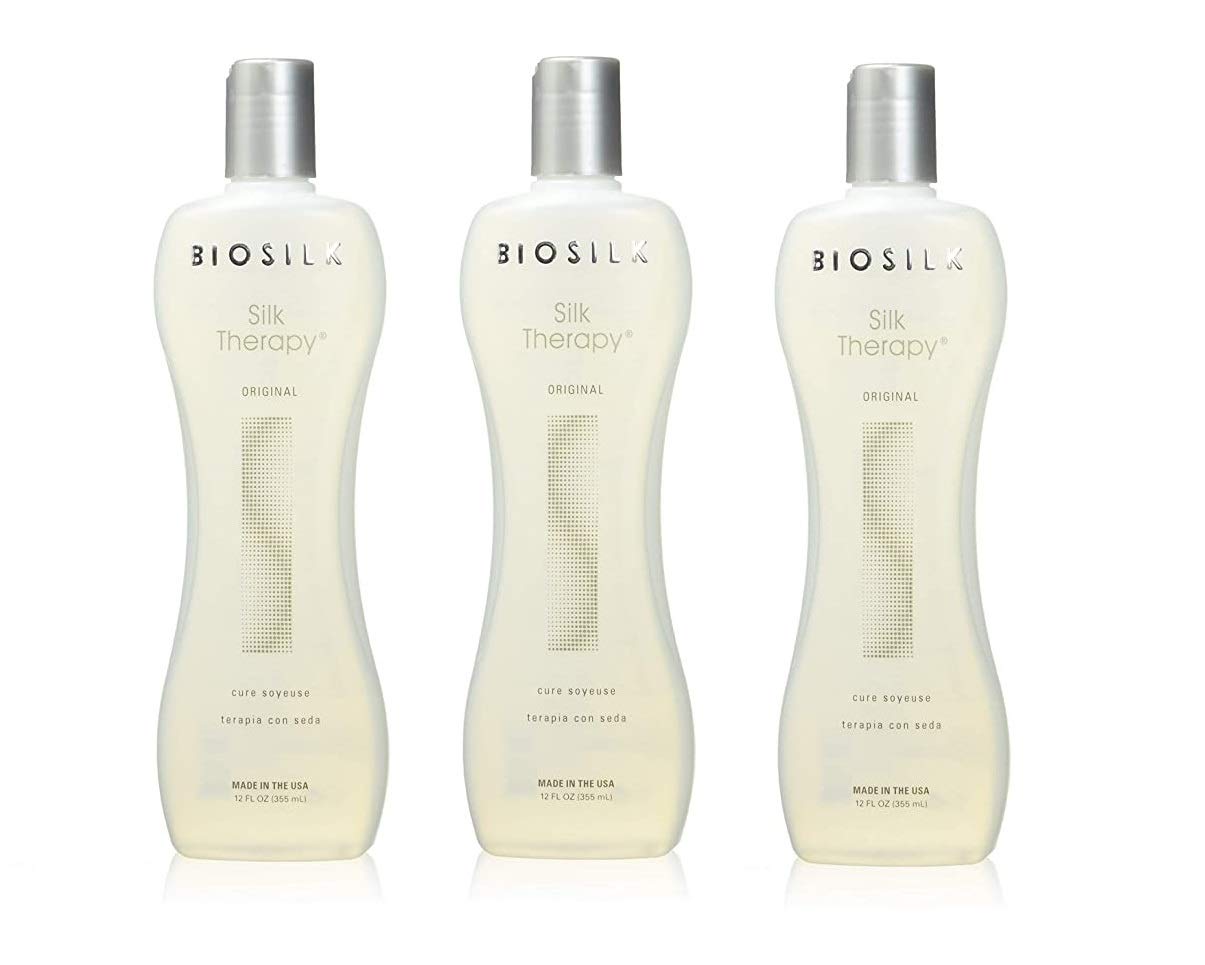 BioSilk Silk Therapy Original Cure pack of 3 bottle image promoting smooth, shiny hair.