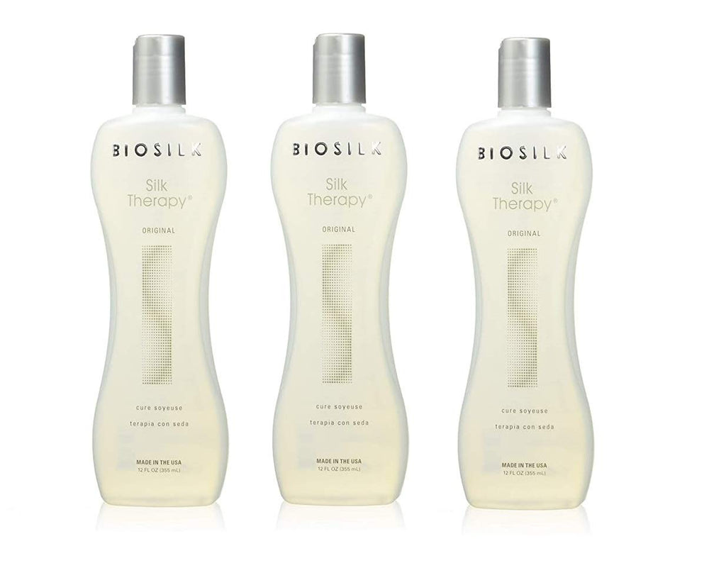 BioSilk Silk Therapy Original Cure pack of 3 bottle image promoting smooth, shiny hair.