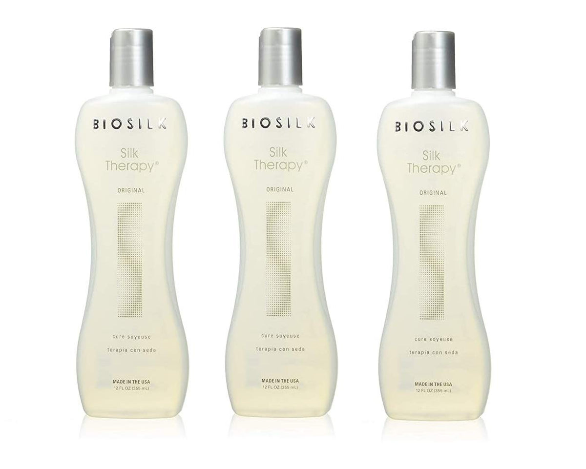 BioSilk Silk Therapy Original Cure pack of 3 bottle image promoting smooth, shiny hair.