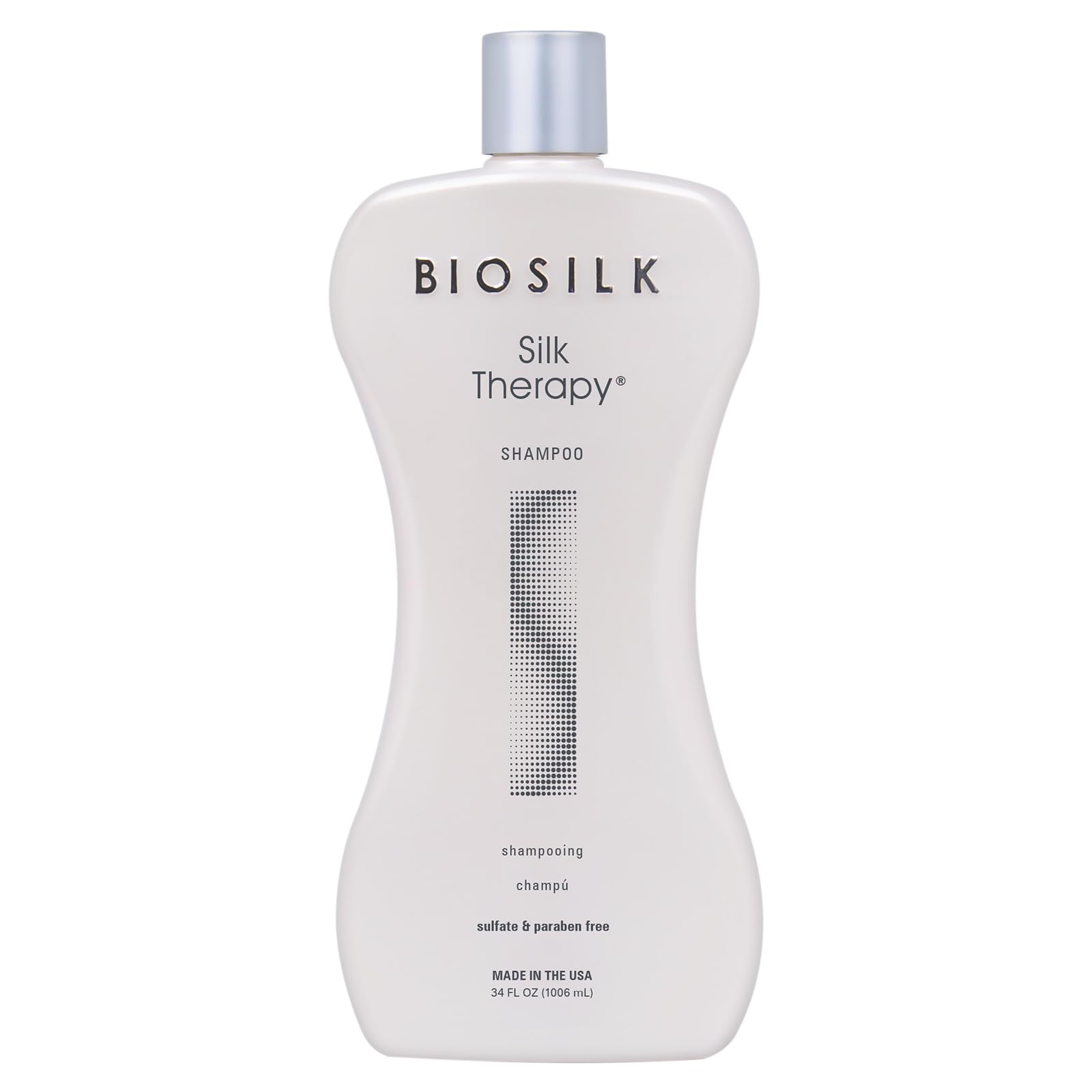 BioSilk Silk Therapy Shampoo bottle front demonstrates premium packaging for glossy, healthy-looking hair