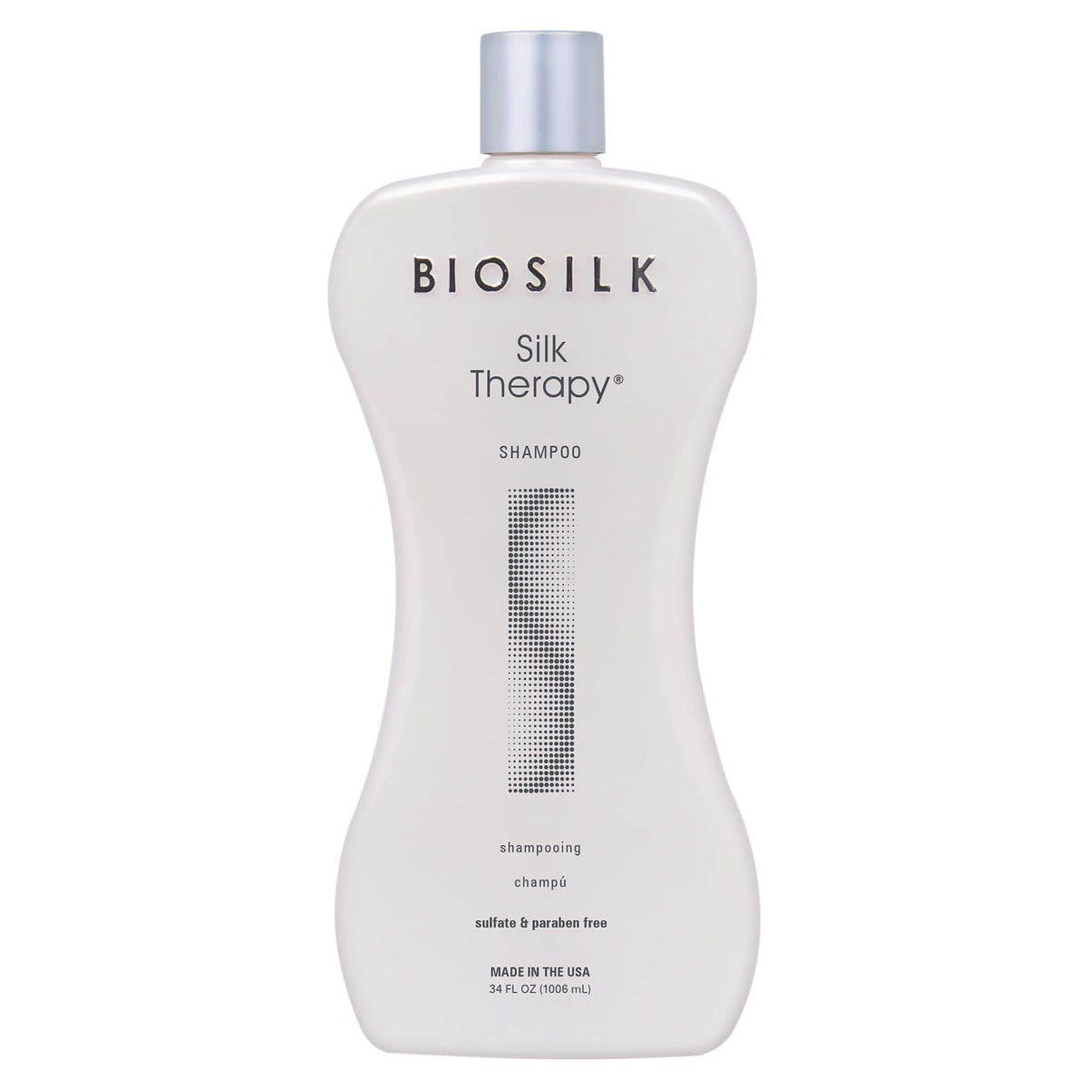 BioSilk Silk Therapy Shampoo bottle front demonstrates premium packaging for glossy, healthy-looking hair