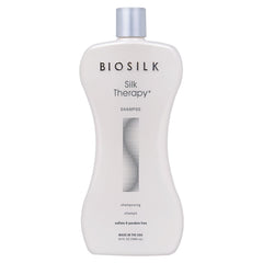 BioSilk Silk Therapy Shampoo bottle front demonstrates premium packaging for glossy, healthy-looking hair