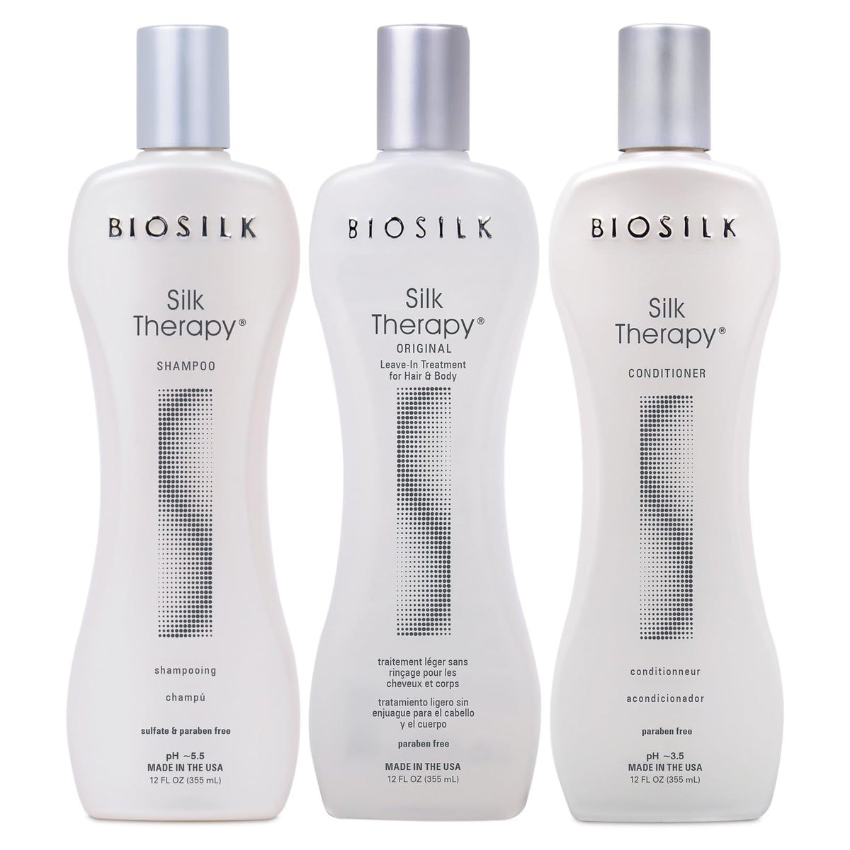 BioSilk Silk Therapy Shampoo shows rich lather and pour for shiny, clean hair