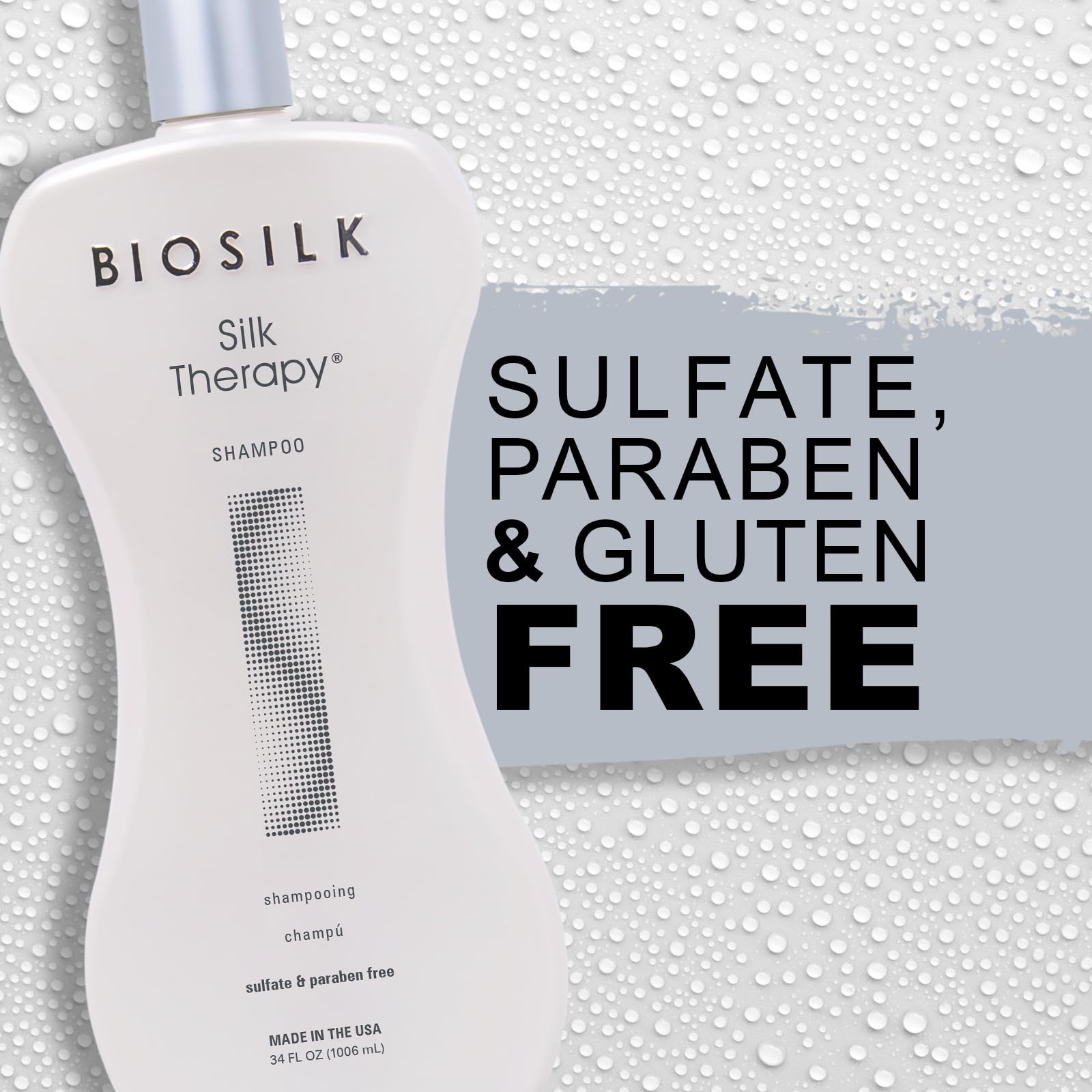 BioSilk Silk Therapy Shampoo packaging highlights sulfate-free, cruelty-free values
