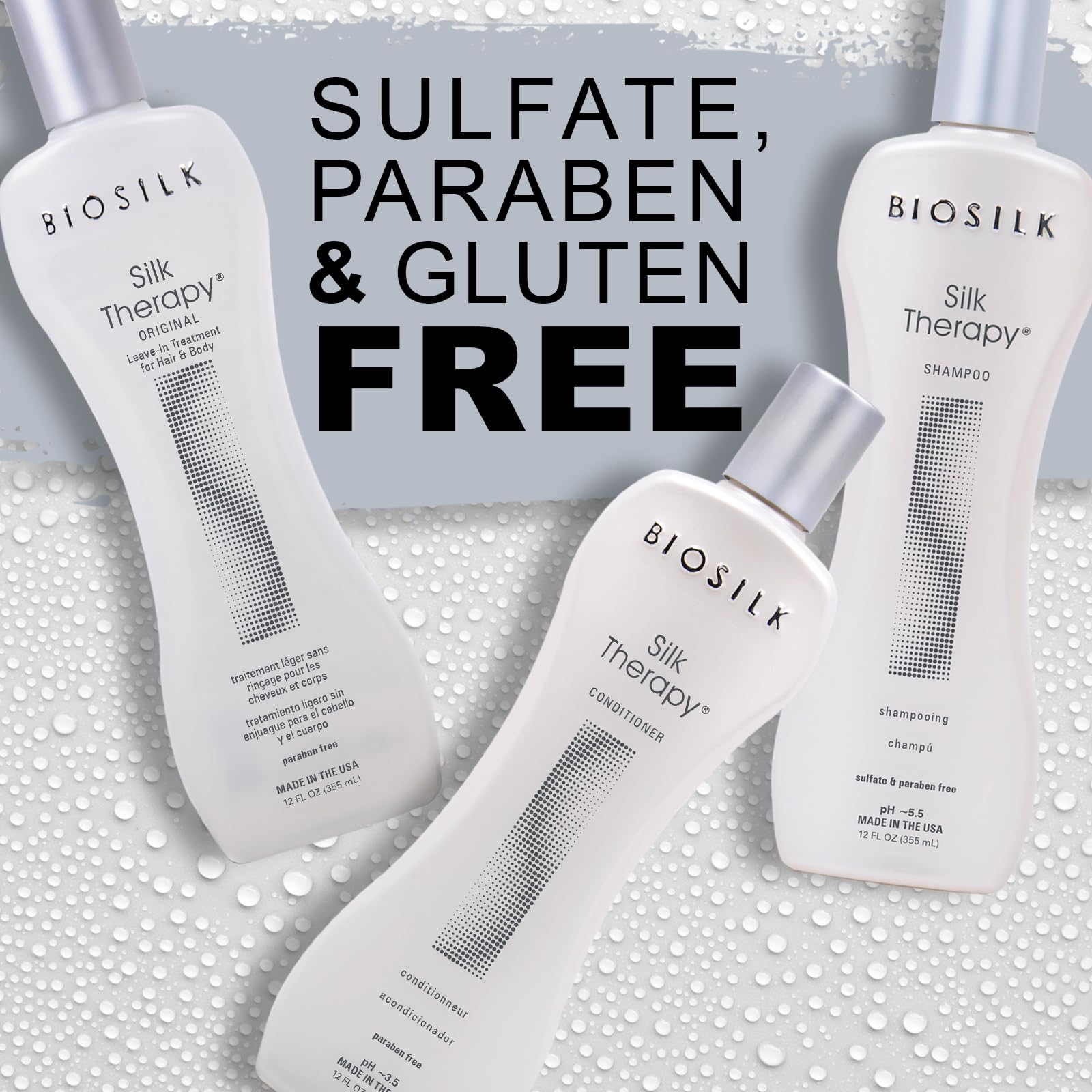BioSilk Silk Therapy Shampoo closeup emphasizes silk-infused shine