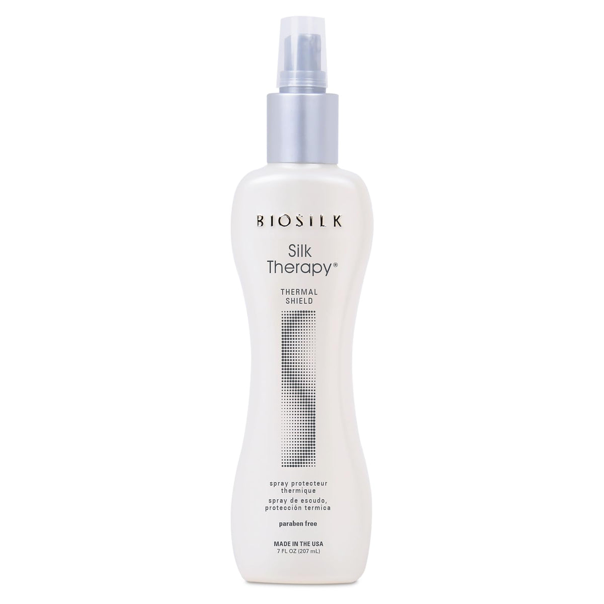 BioSilk Silk Therapy Thermal Shield bottle highlights heat protection and radiant shine for easy styling