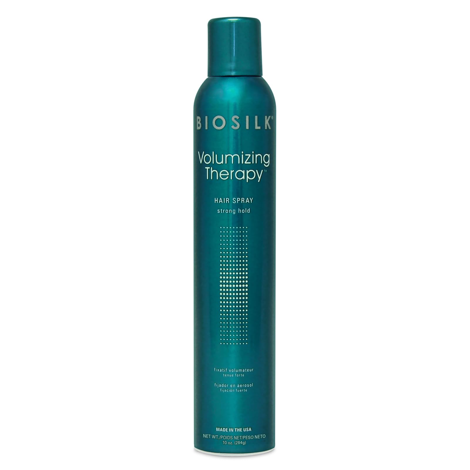 BioSilk Volumizing Therapy strong hold hair spray bottle shows lift for all day body.