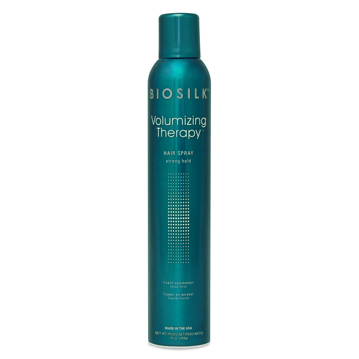 BioSilk Volumizing Therapy strong hold hair spray bottle shows lift for all day body.