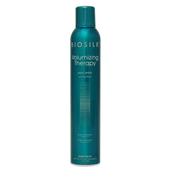 BioSilk Volumizing Therapy strong hold hair spray bottle shows lift for all day body.