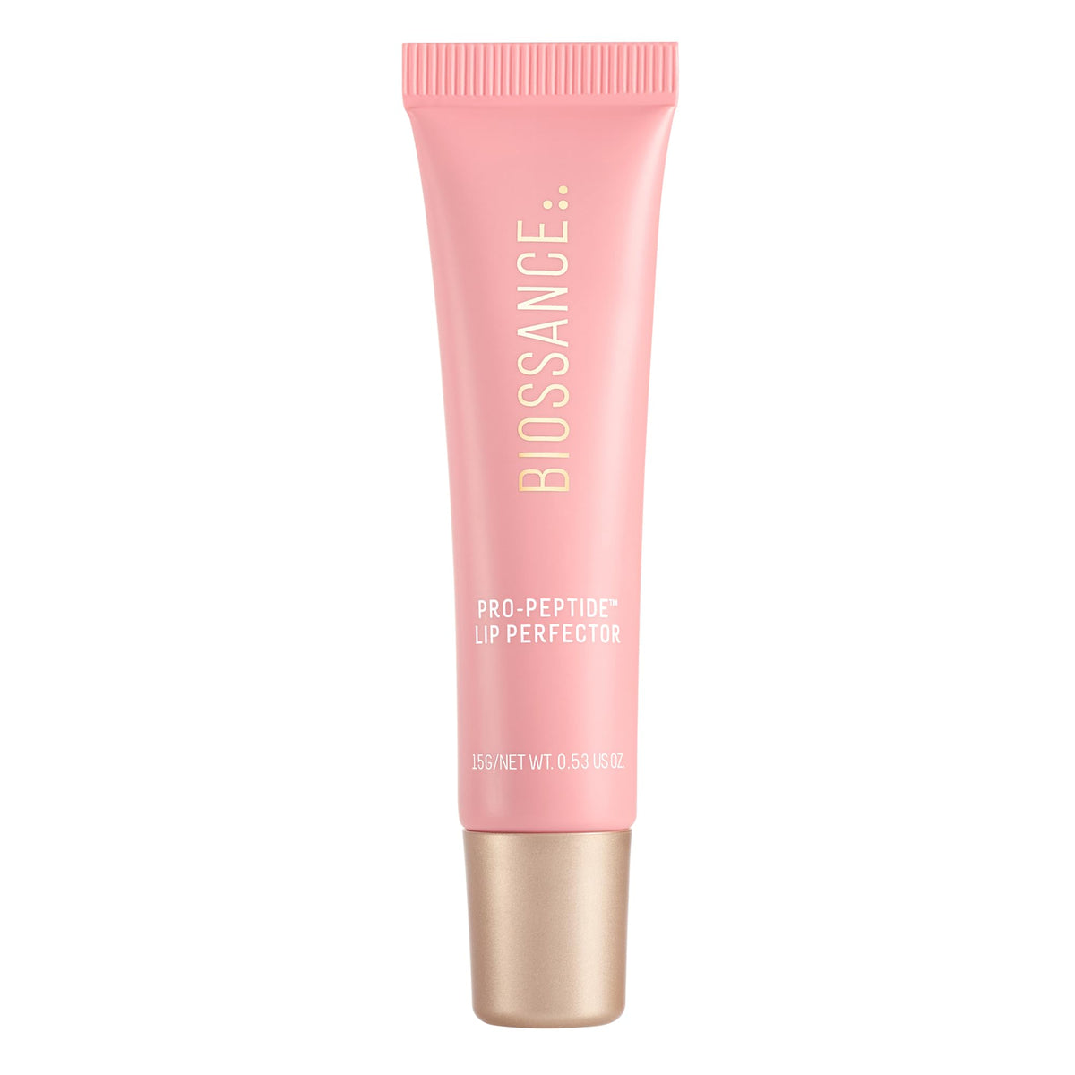 Biossance Lip Perfector tube closeup showing glossy hydration for dry lips