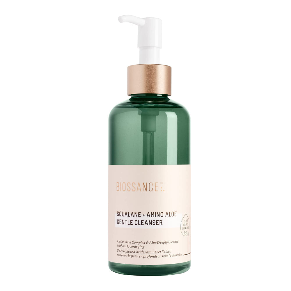 BIOSSANCE Squalane + Amino Aloe Gentle Cleanser pump showing hydrating makeup removal in action.