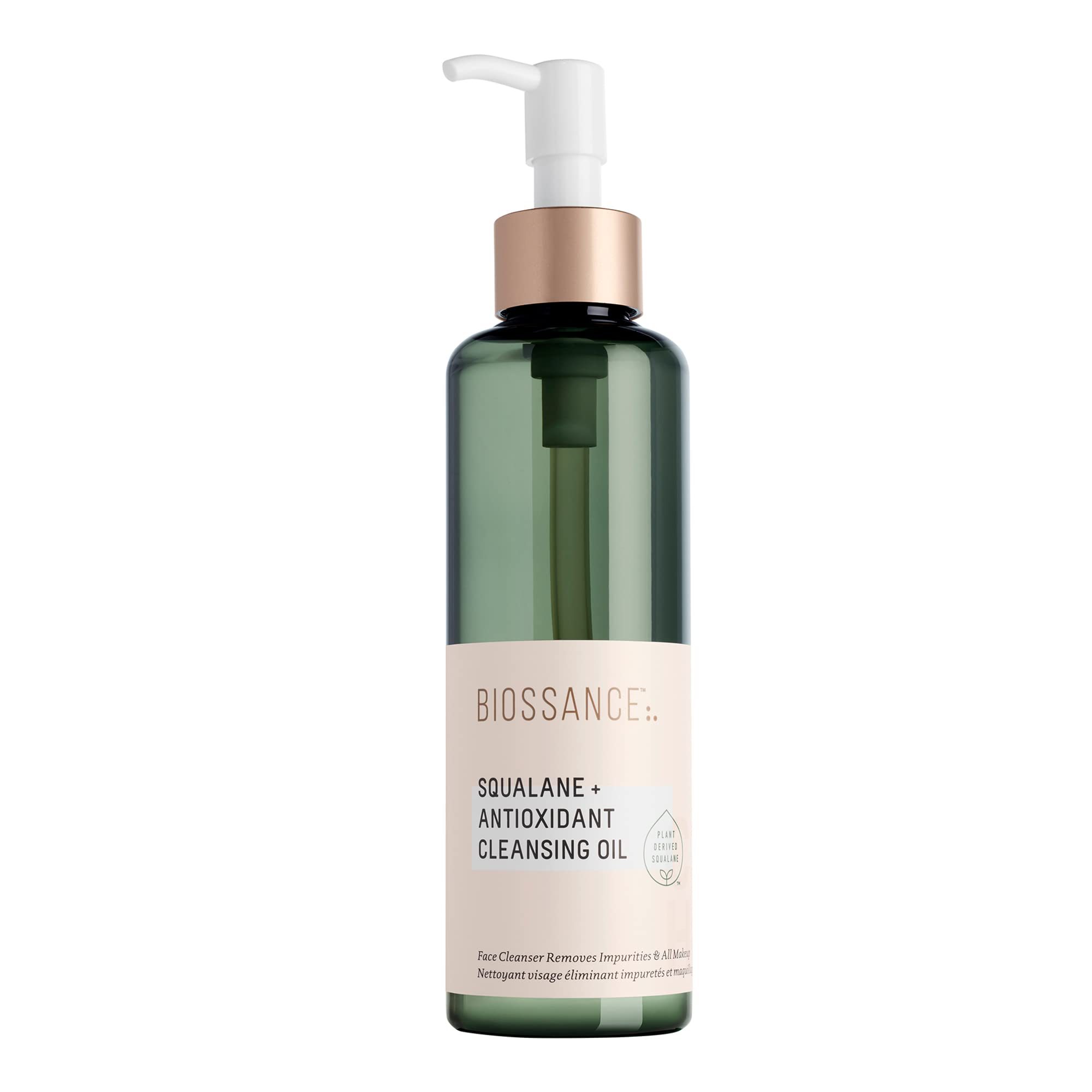 Biossance Squalane cleansing oil bottle closeup showing antioxidant hydration for gentle makeup removal.