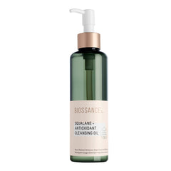 Biossance Squalane cleansing oil bottle closeup showing antioxidant hydration for gentle makeup removal.