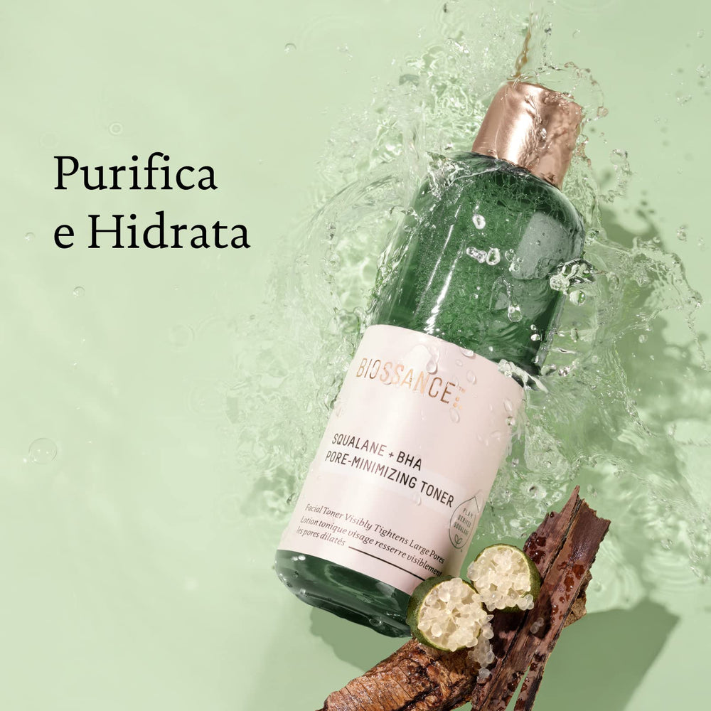 BIOSSANCE Squalane + BHA Toner application gesture demonstrates gentle exfoliation for smoother skin.