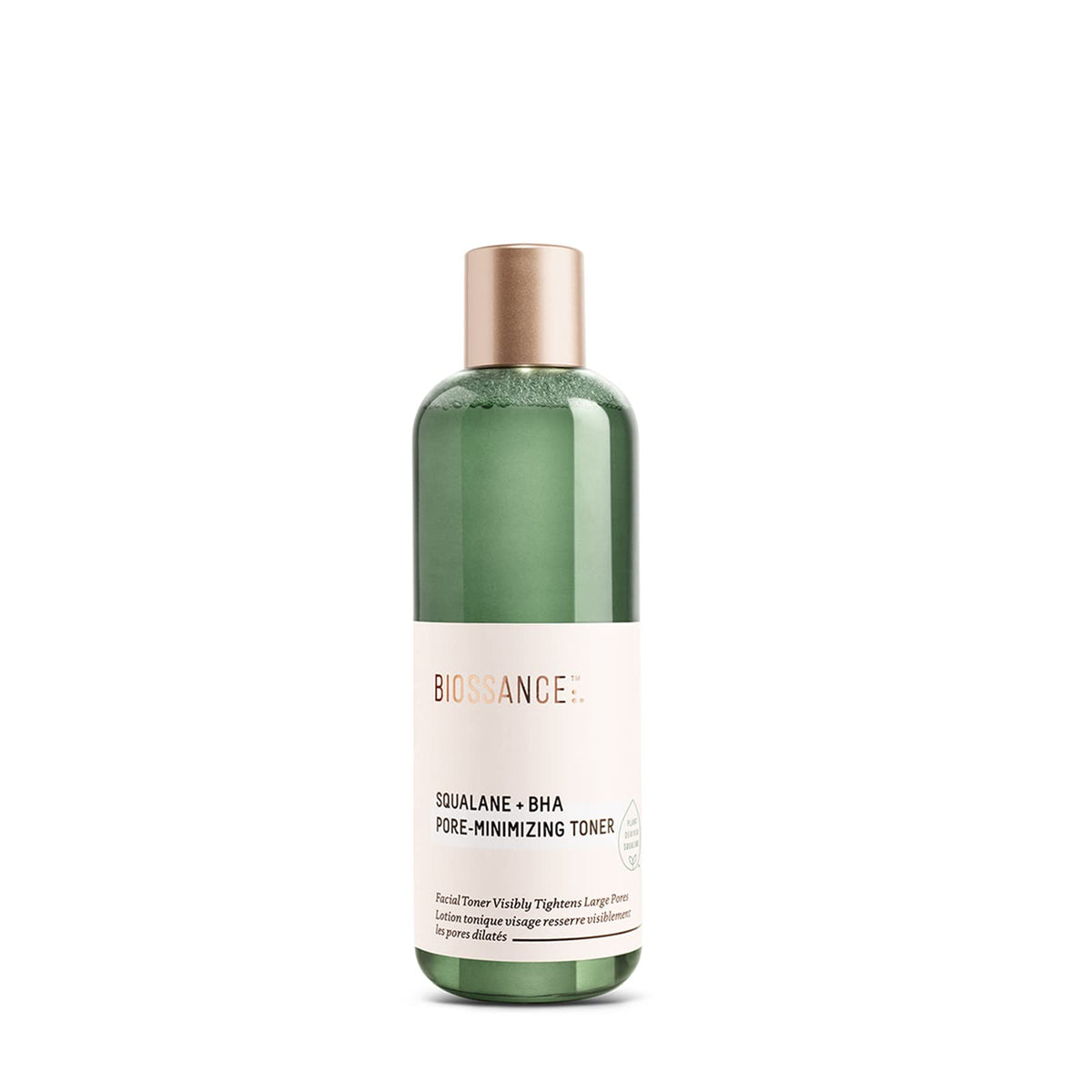 BIOSSANCE Squalane + BHA Toner bottle closeup shows pore-minimizing care and hydration.