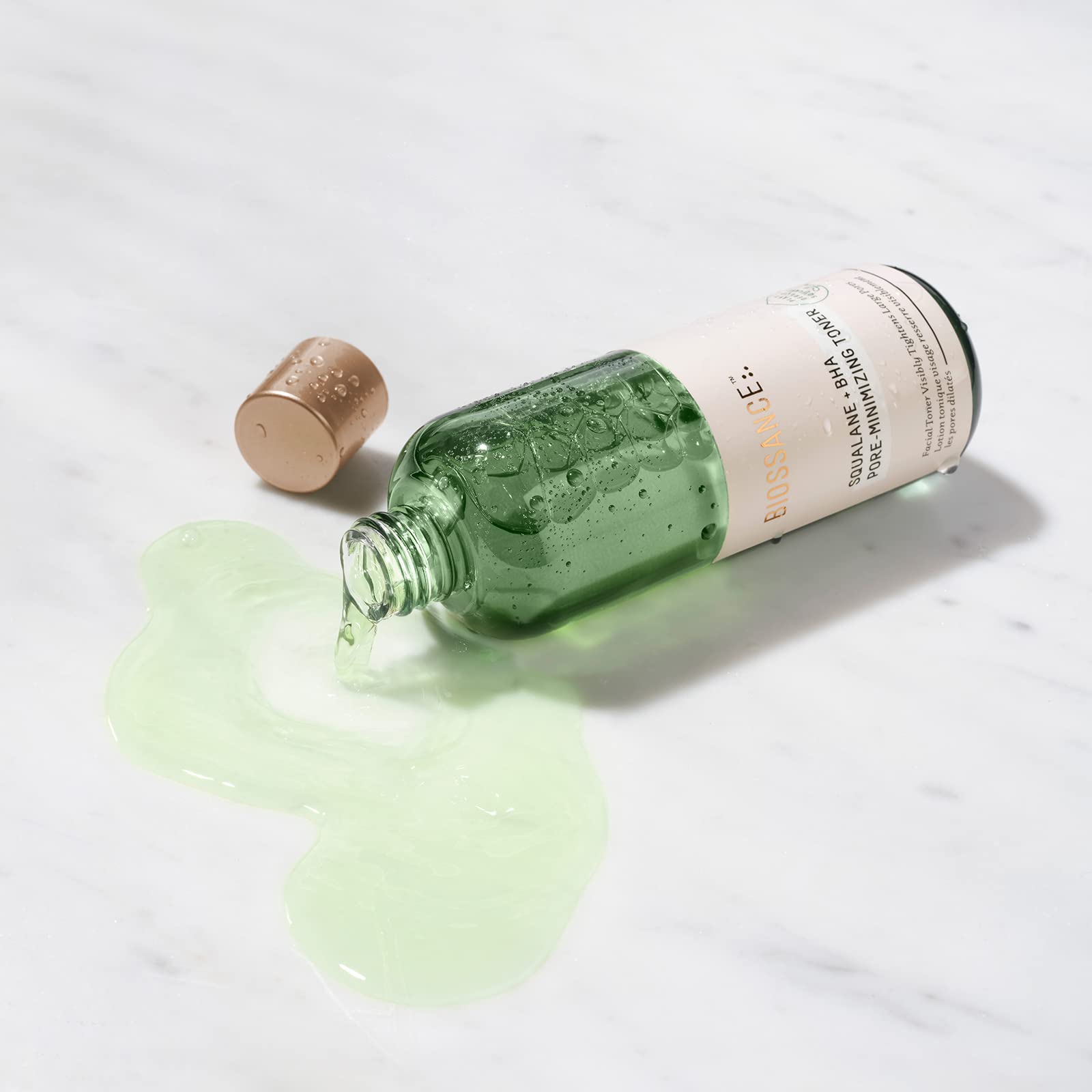 BIOSSANCE Squalane + BHA Toner absorbed into skin after cleansing before moisturizer.