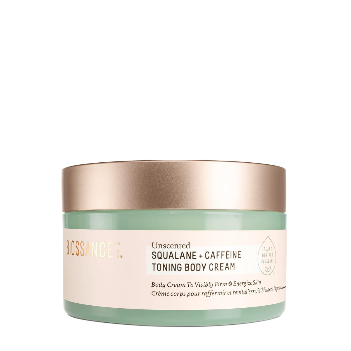 Biossance Squalane + Caffeine Toning Body Cream bottle for quick hydration and nourishment.