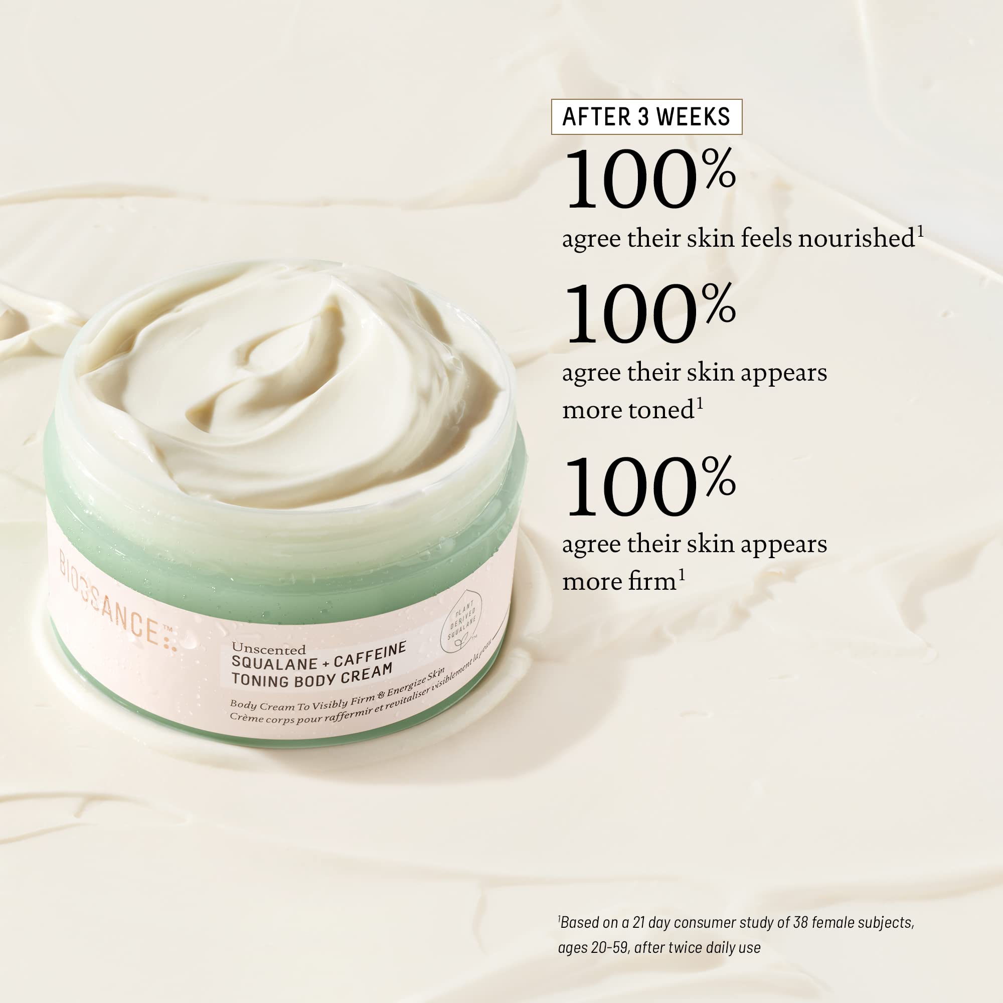 Biossance Squalane + Caffeine Toning Cream swirl shows rich, fast-absorbing texture.