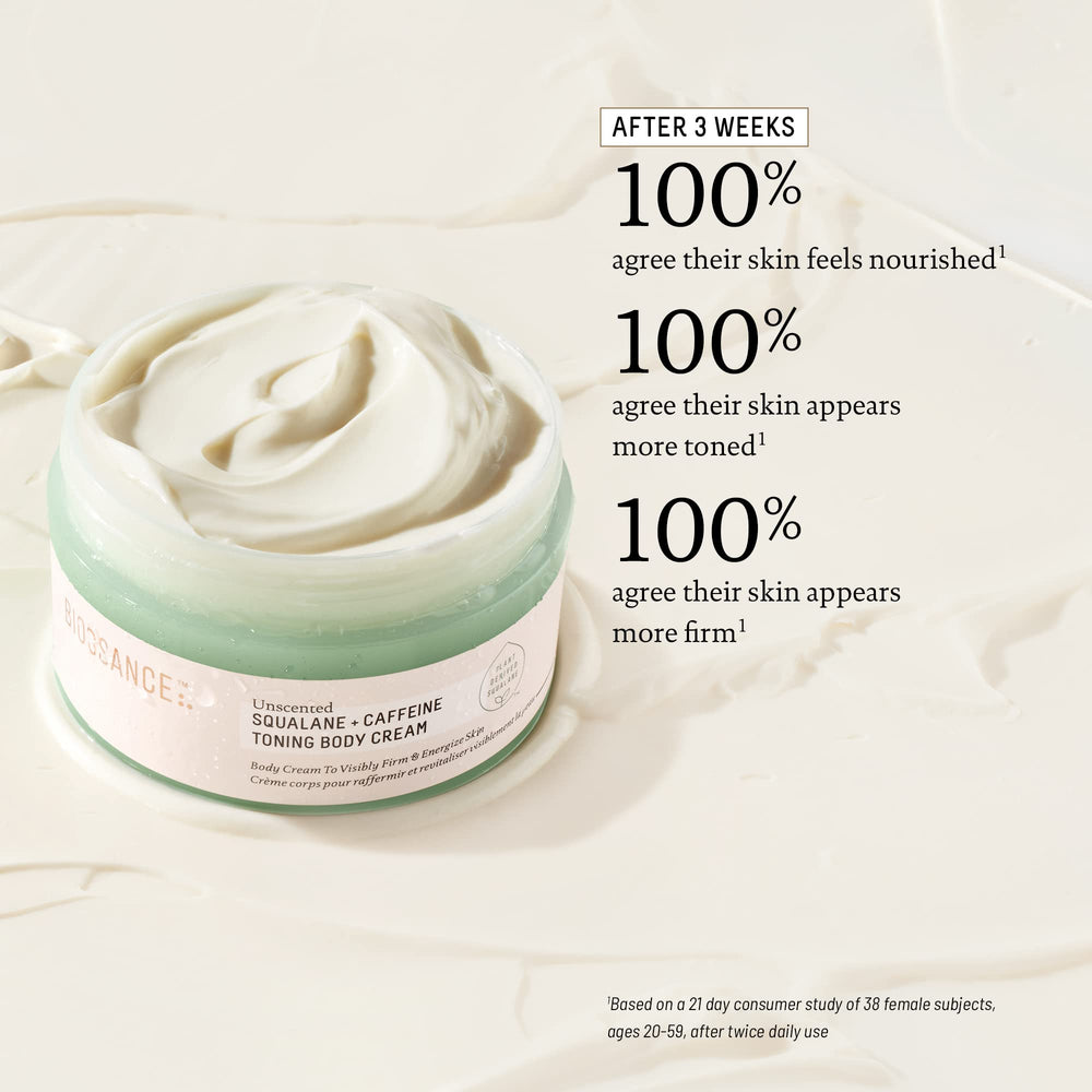 Biossance Squalane + Caffeine Toning Cream swirl shows rich, fast-absorbing texture.