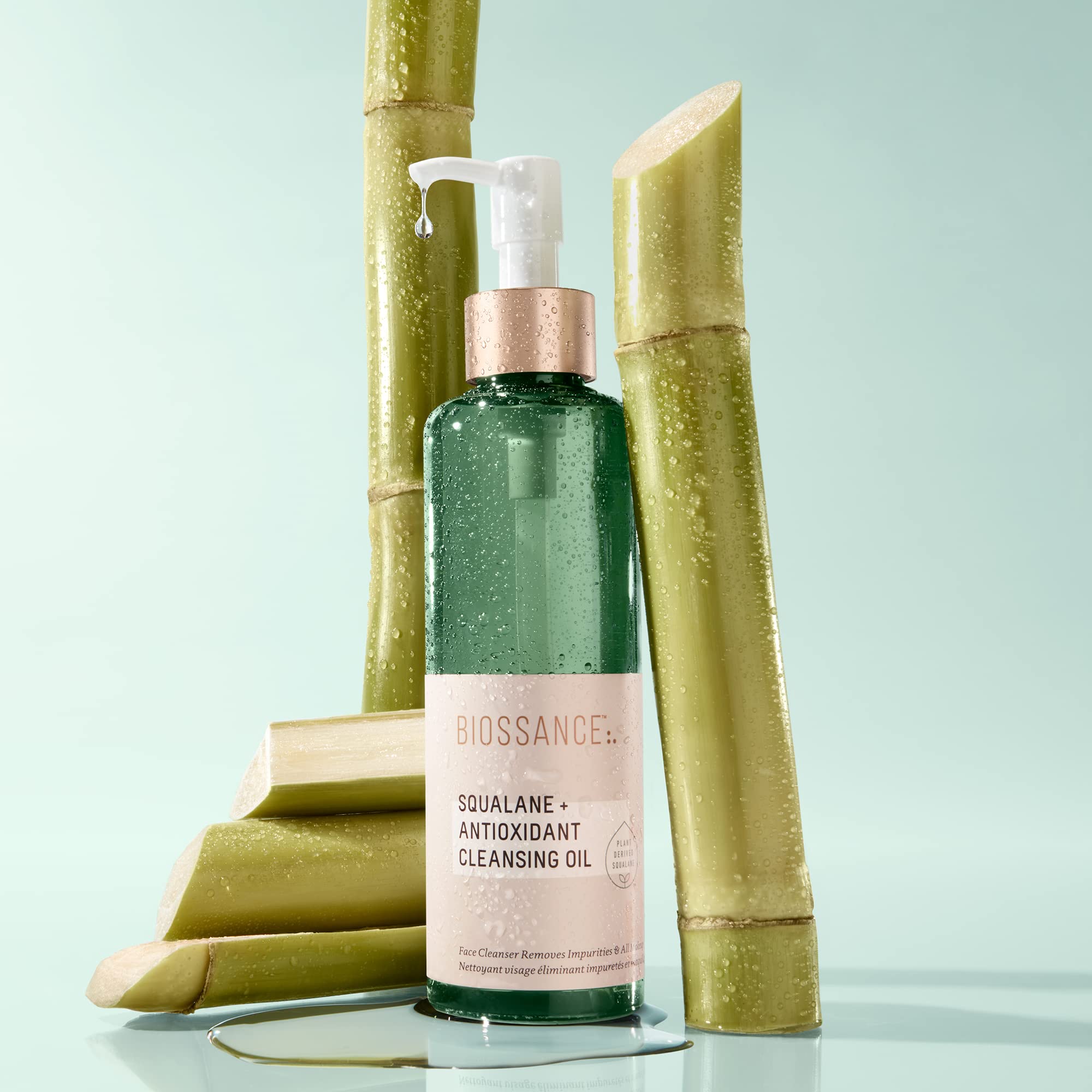 Biossance cleansing oil makeup removal image highlighting deep cleansing without harsh rubbing.