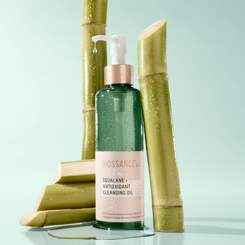 Biossance cleansing oil makeup removal image highlighting deep cleansing without harsh rubbing.