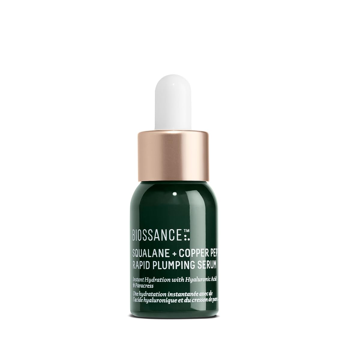 Biossance Squalane + Copper Peptide serum bottle closeup showing hydrating glow.