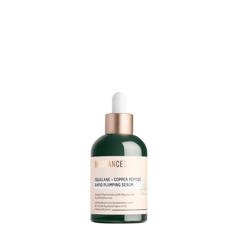 BIOSSANCE Squalane + Copper Peptide Serum bottle closeup shows instant hydration.
