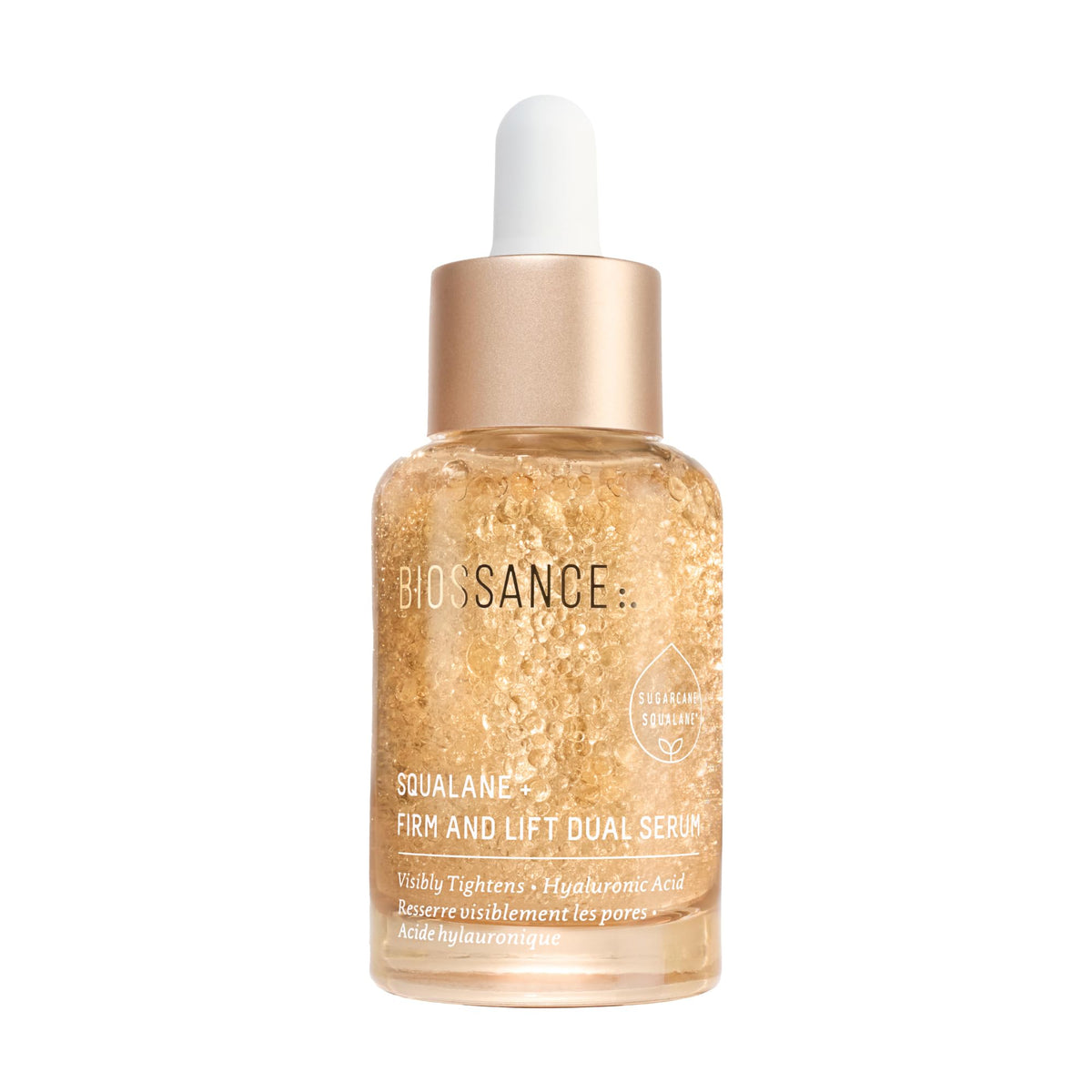 BIOSSANCE Squalane + Firm & Lift serum bottle close-up for firming hydration