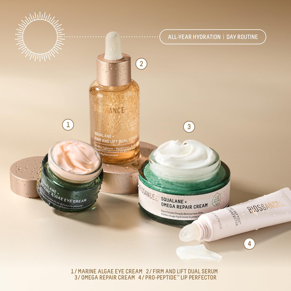 BIOSSANCE Squalane + Firm & Lift daily application for smooth, hydrated complexion