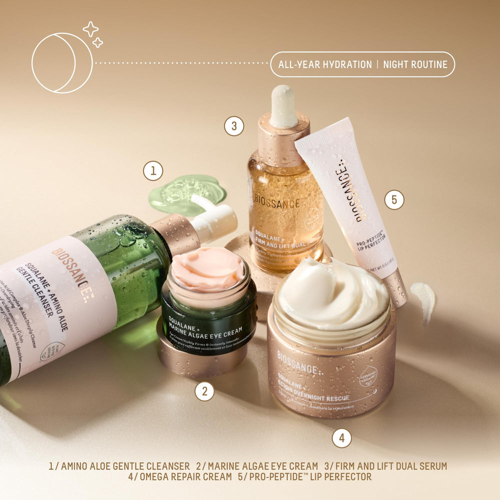 BIOSSANCE Squalane + Firm & Lift bottle-packaging showcases premium skincare