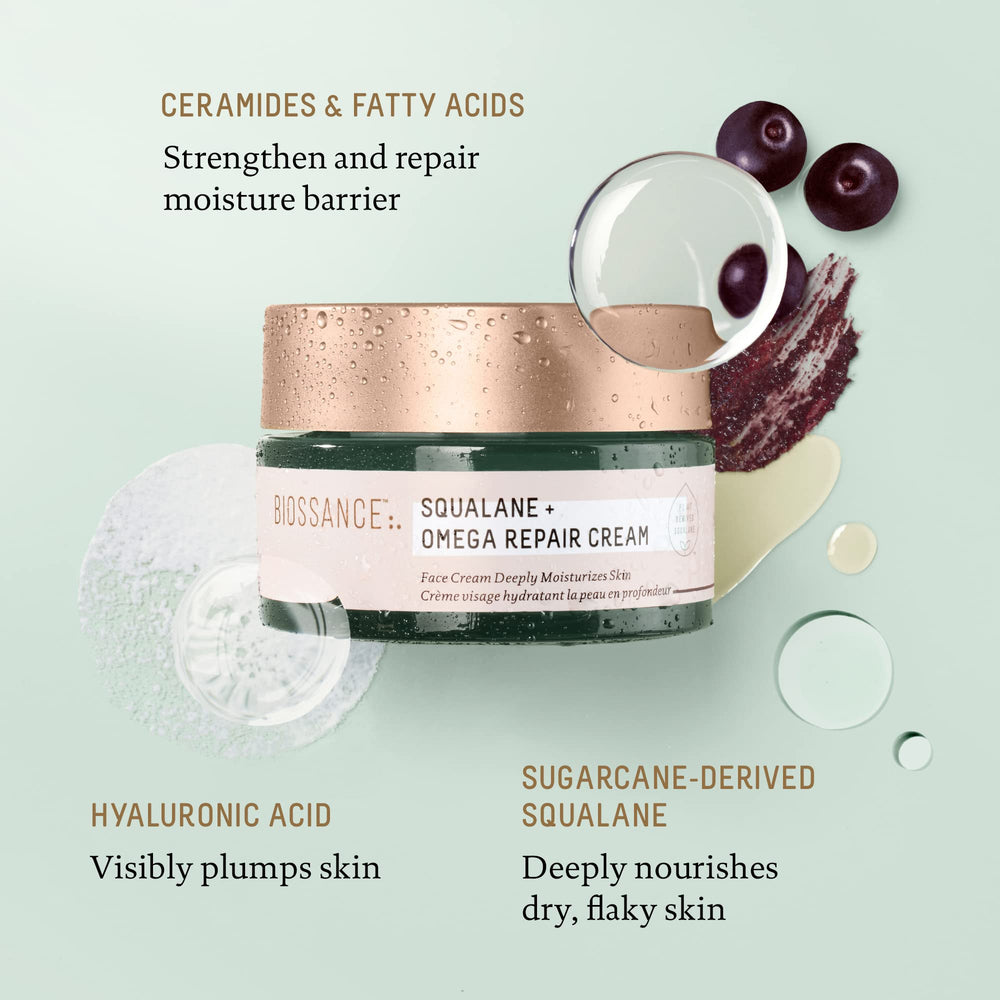 BIOSSANCE Squalane + Omega Repair Cream applied to skin for lasting moisture