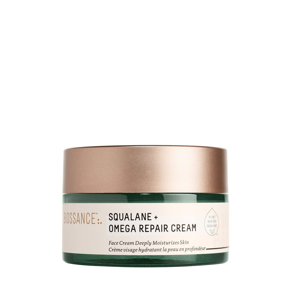 BIOSSANCE Squalane + Omega Repair Cream bottle pour showing quick hydration