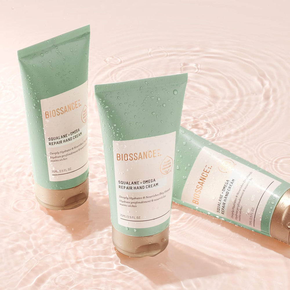 BIOSSANCE Squalane + Omega Repair Hand Cream jar close-up highlighting squalane and omega-rich formula.