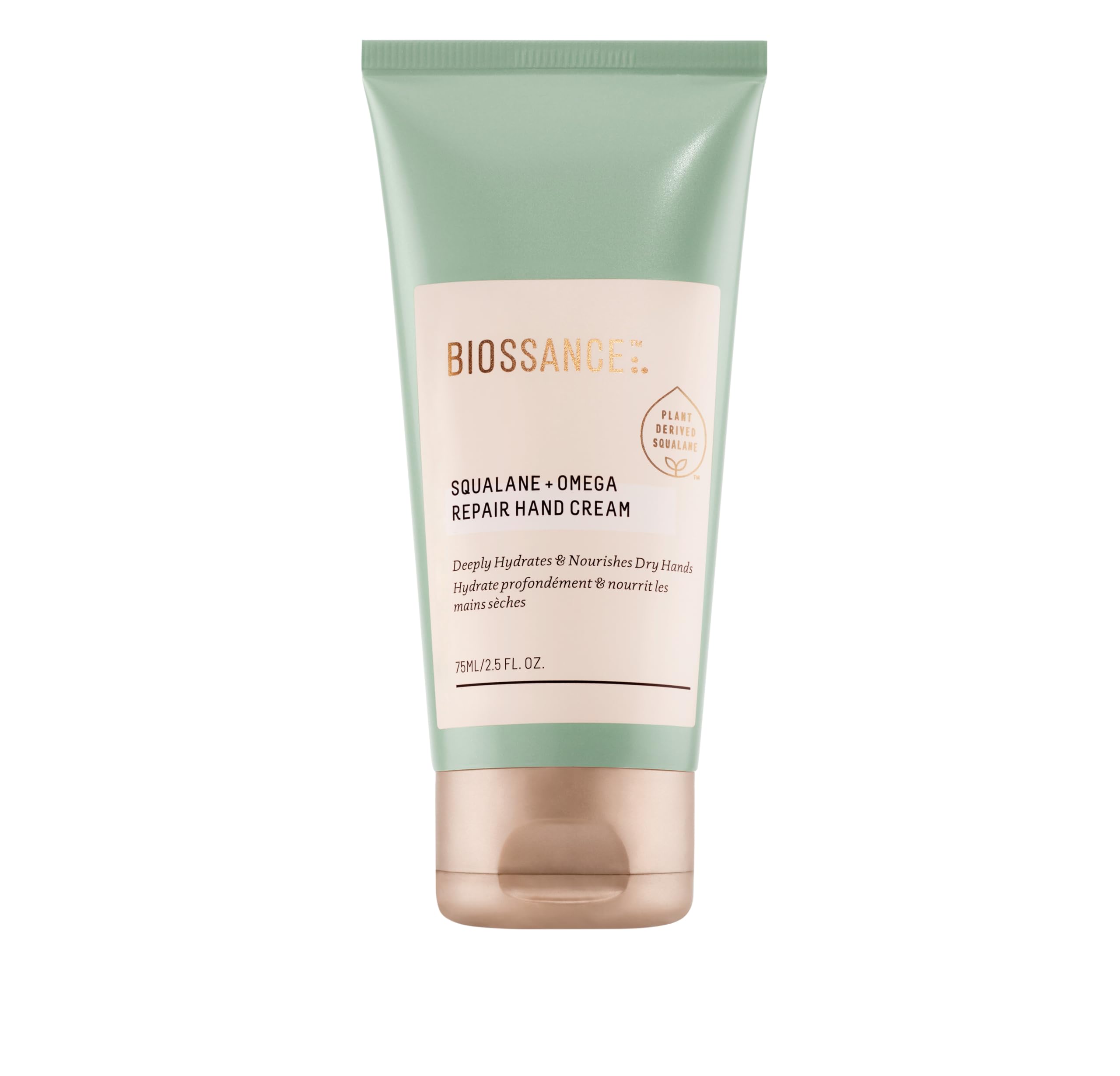 BIOSSANCE Squalane + Omega Repair Hand Cream packaging close-up, eco-friendly design for on-the-go hydration.