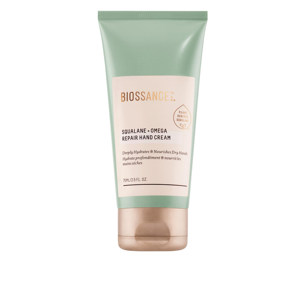 BIOSSANCE Squalane + Omega Repair Hand Cream packaging close-up, eco-friendly design for on-the-go hydration.