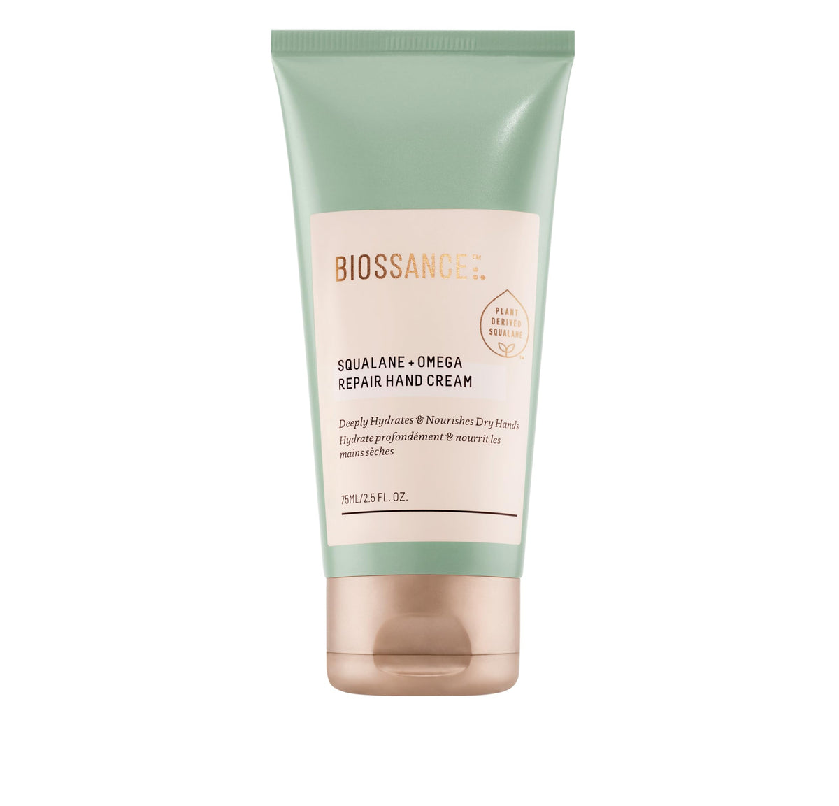 BIOSSANCE Squalane + Omega Repair Hand Cream packaging close-up, eco-friendly design for on-the-go hydration.
