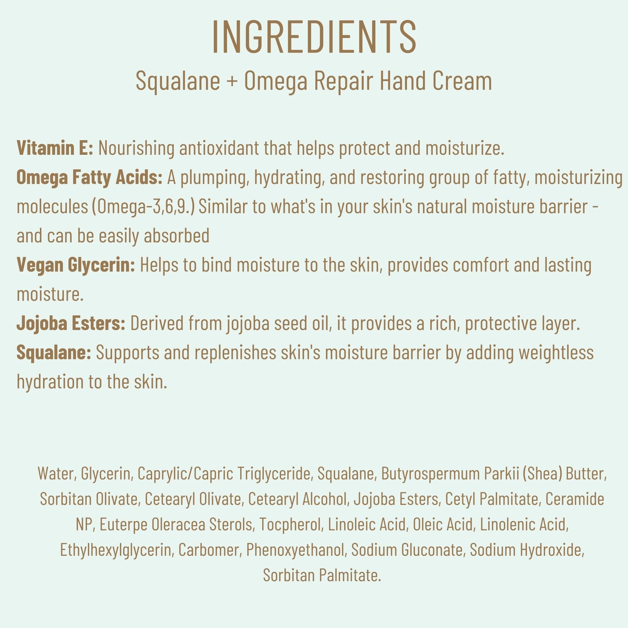 BIOSSANCE Squalane + Omega Repair Hand Cream on hand showing radiant, barrier-supporting glow.