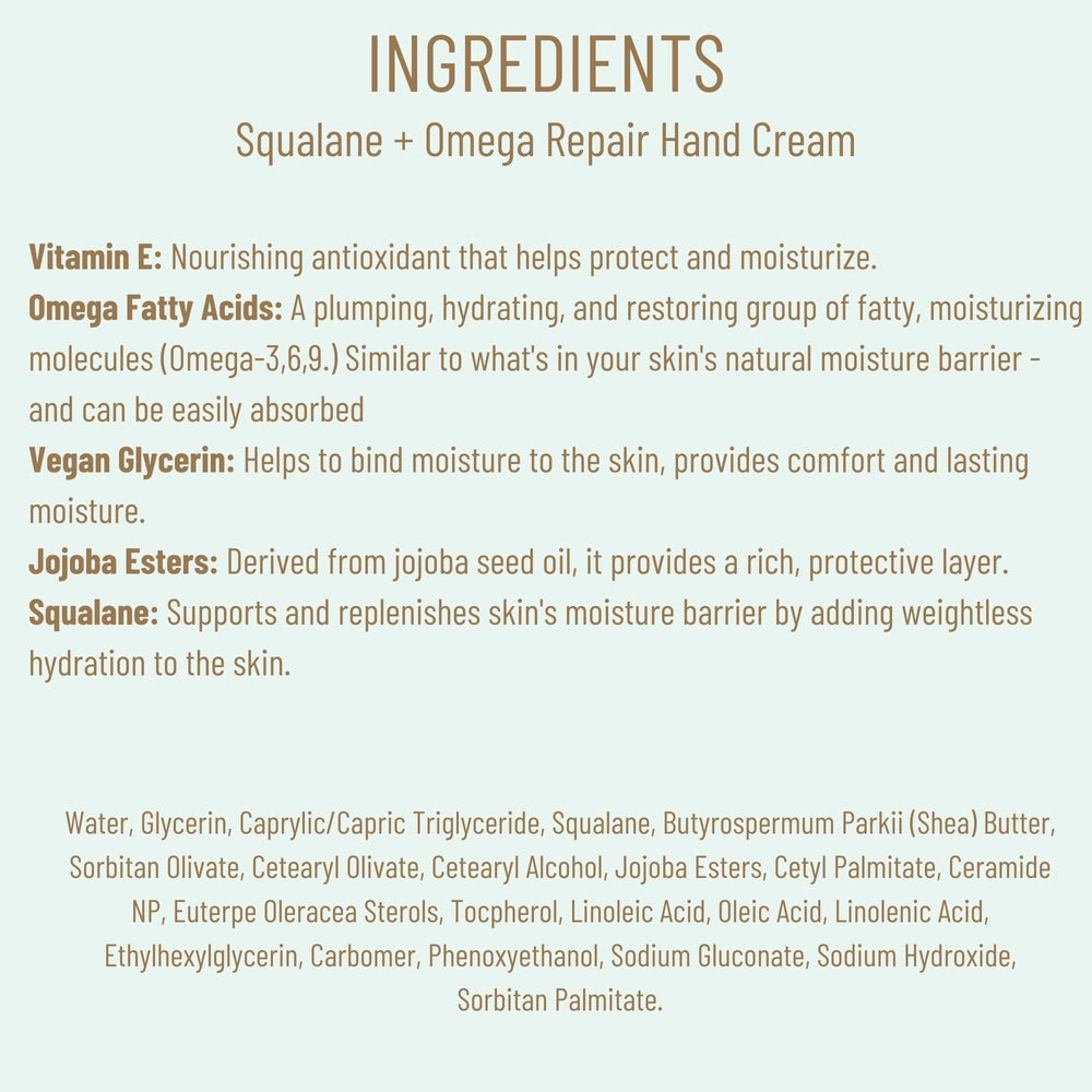 BIOSSANCE Squalane + Omega Repair Hand Cream on hand showing radiant, barrier-supporting glow.
