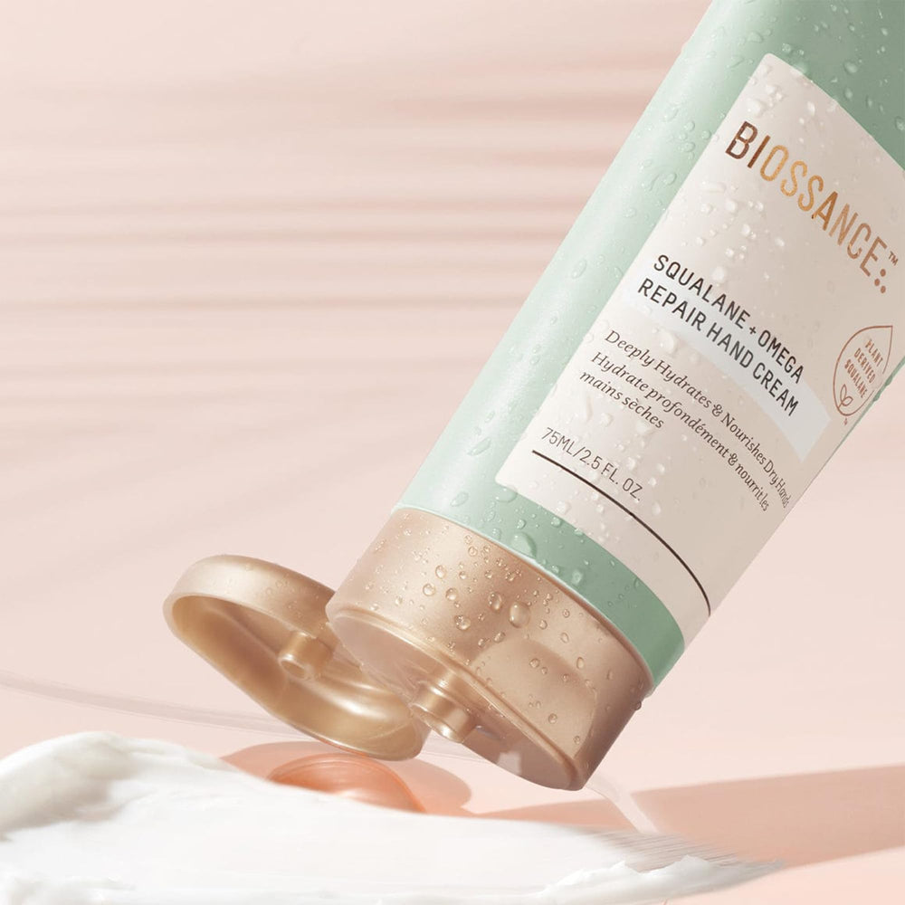 BIOSSANCE hand cream texture close-up showing rich, non-greasy absorption.