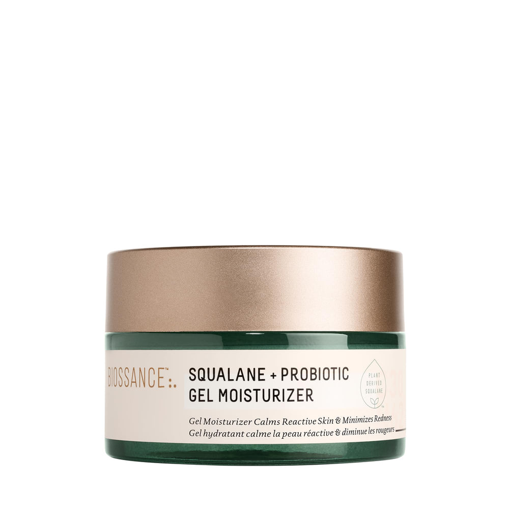 BIOSSANCE Squalane + Probiotic Gel Moisturizer bottle showing calming, redness-reducing care.