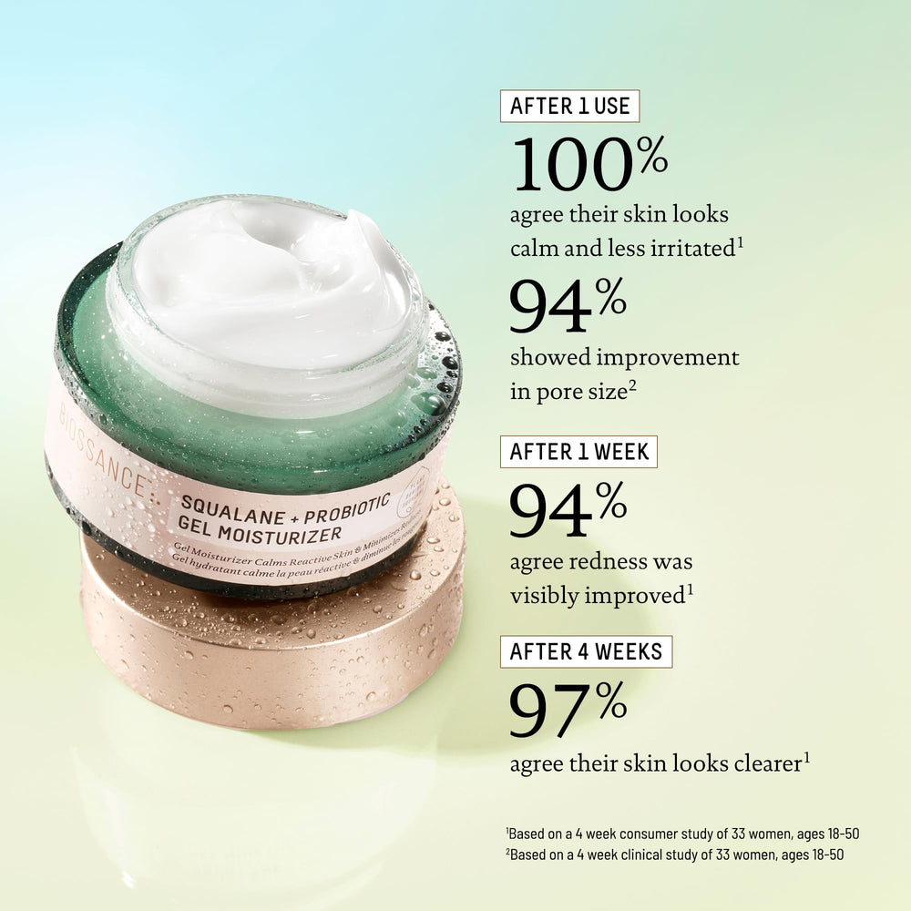 BIOSSANCE ingredient label focus with encapsulated probiotics for healthy microbiome support.