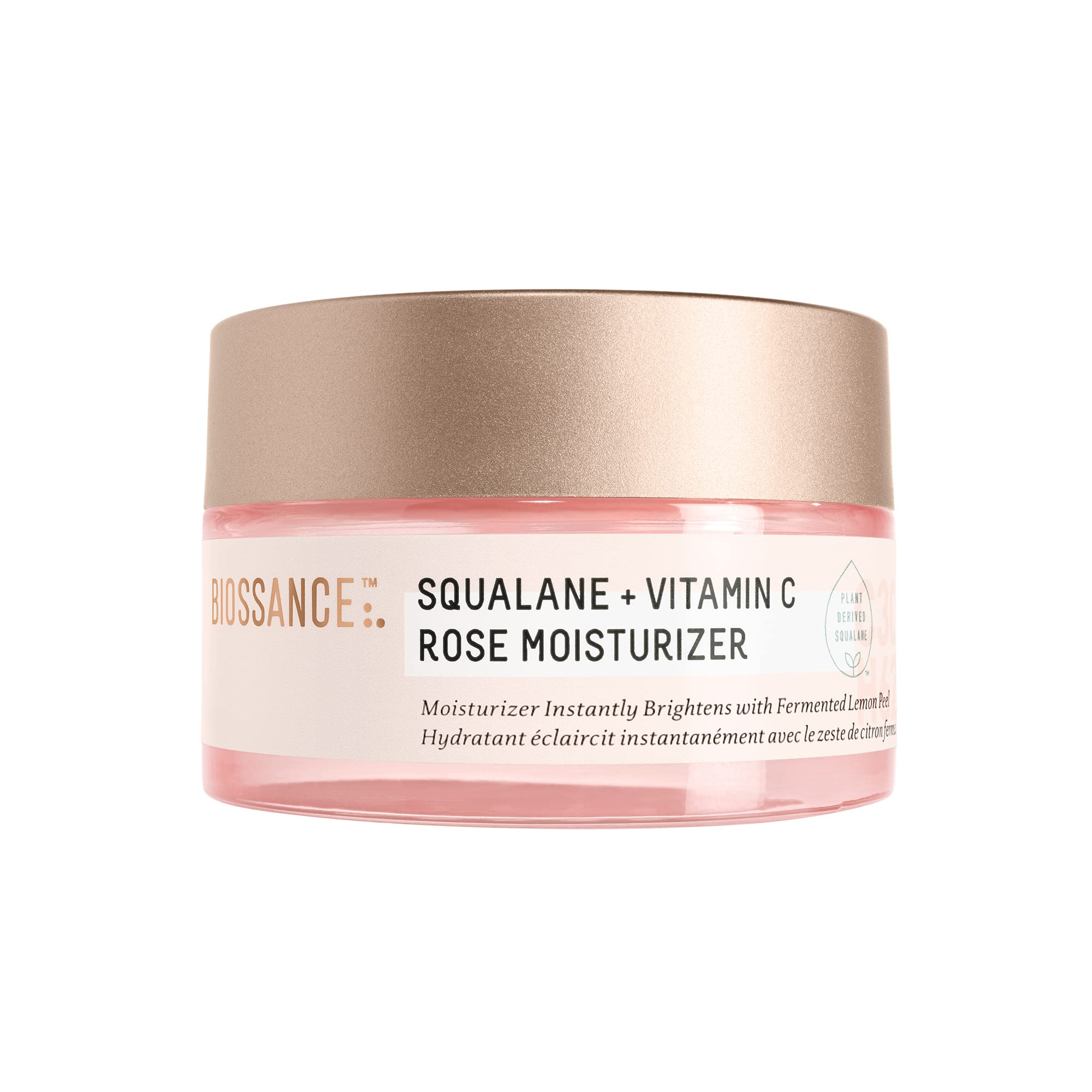 BIOSSANCE Squalane + Vitamin C Rose Moisturizer bottle closeup for weightless hydration
