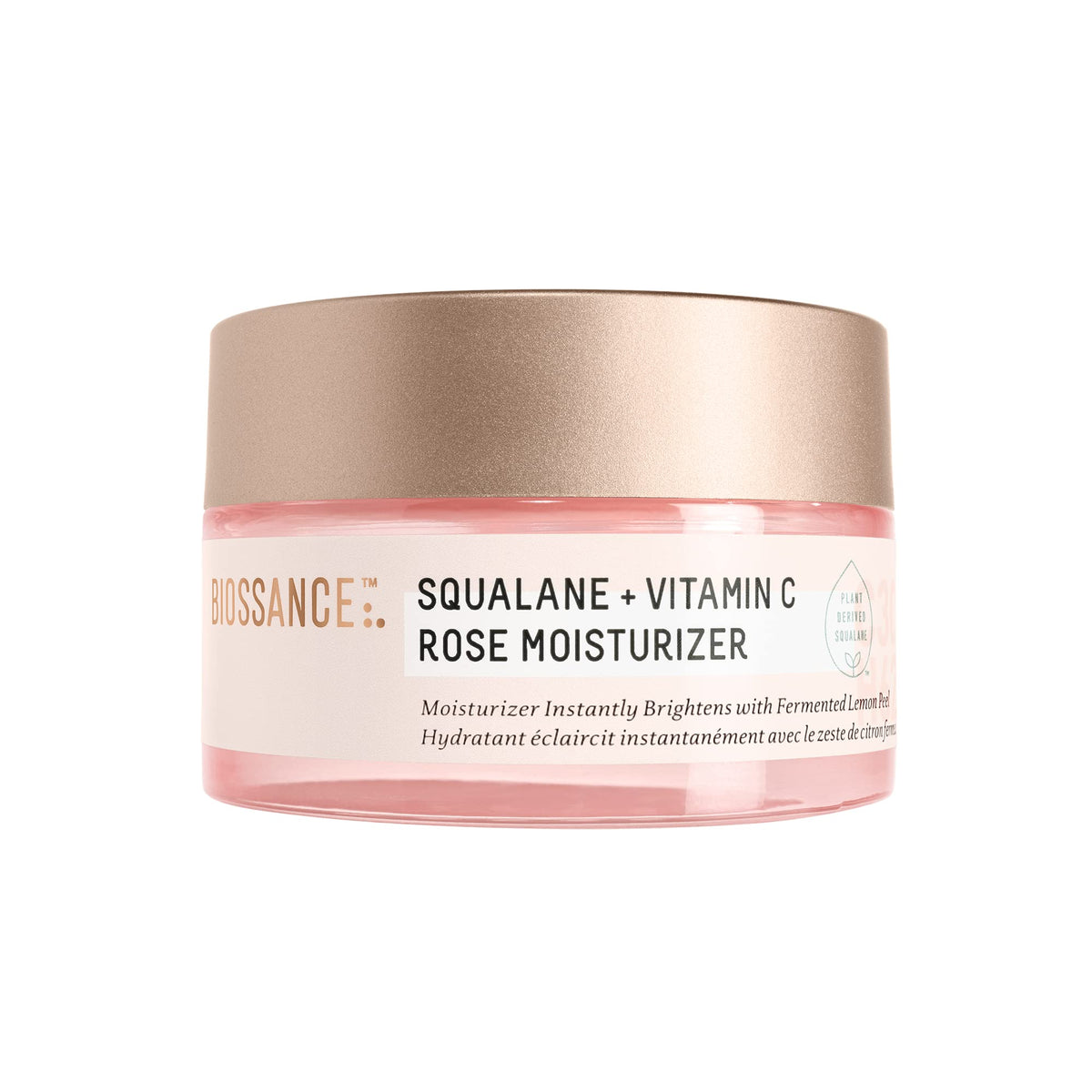 BIOSSANCE Squalane + Vitamin C Rose Moisturizer bottle closeup for weightless hydration