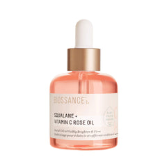 BIOSSANCE Squalane + Vitamin C Rose Oil bottle closeup hints at instant radiance
