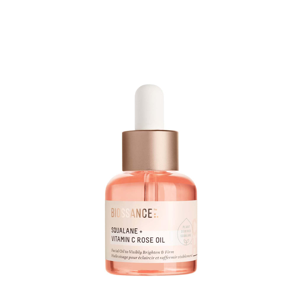 BIOSSANCE Squalane + Vitamin C Rose Oil bottle—instant radiance for all skin types.