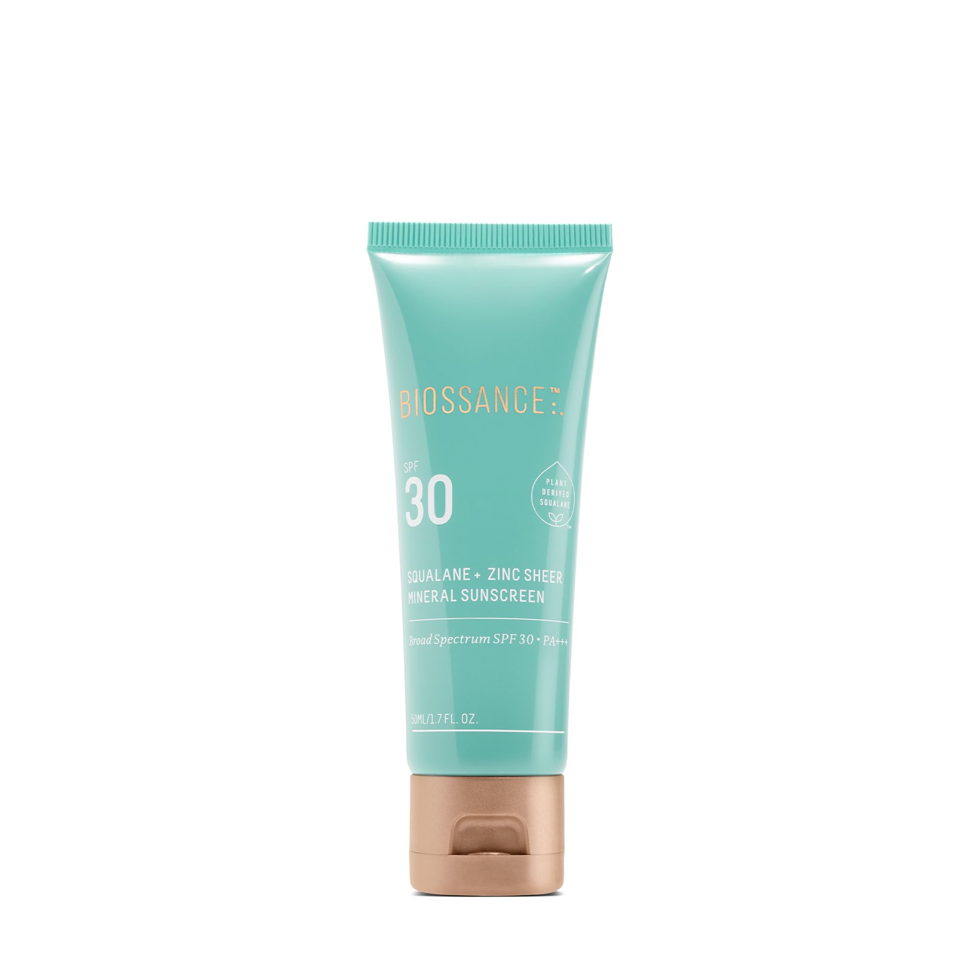 Biossance Squalane Zinc sunscreen tube cap, weightless sheer protection for daily hydration and makeup priming