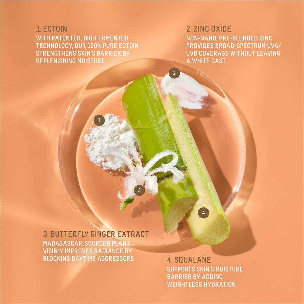Biossance Squalane Zinc sunscreen swatches on skin, showing sheer finish and even tone